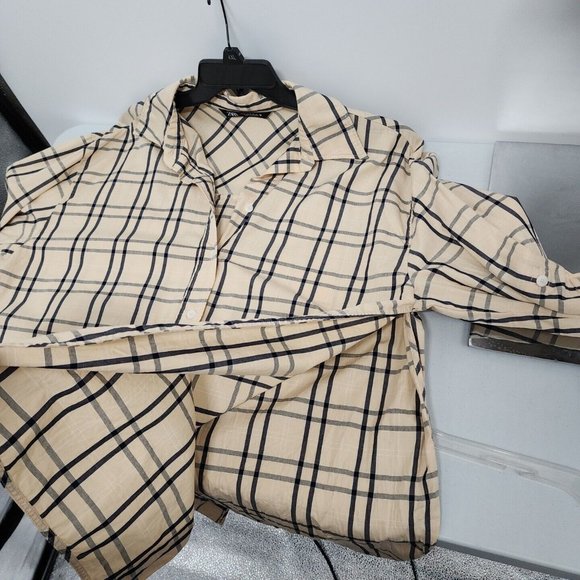 Zara Plaid Size Medium Tie Back Shirt Top Blouse Button Front Tan Gray womens - Picture 8 of 12